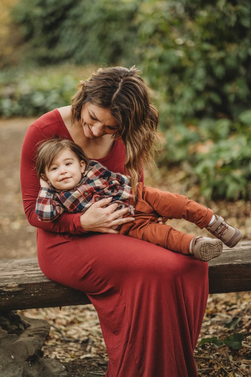 Mom and toddler in matching red